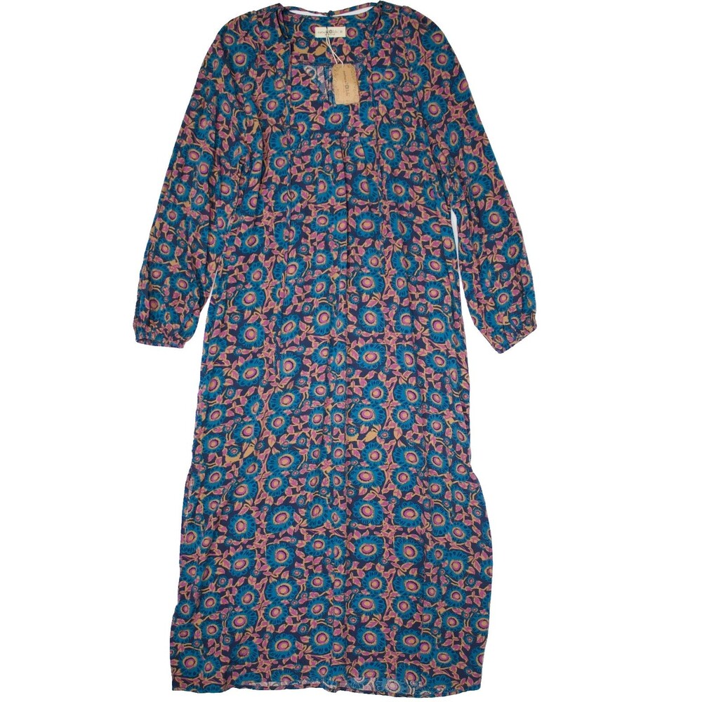 NWT Natural Life Blue Purple Tan Floral Cottage Country Dress Rayon Women M (B5)
